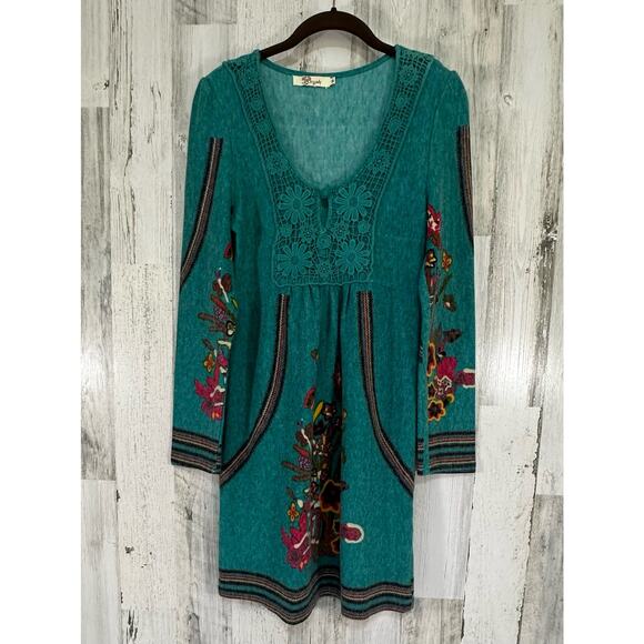 Aryeh Womens Sweater Dress Medium (XS) Teal Green Floral Butterflies Boho Lace - Picture 2 of 9